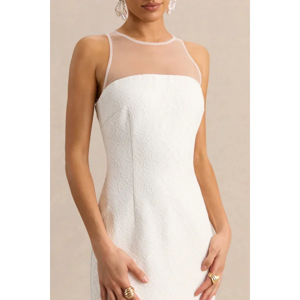 Rosevine | Robe longue blanche en dentelle à col rond avec empiècement en tulle