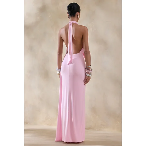 Rosina | Robe longue rose drapée à encolure dos-nu avec ceinture