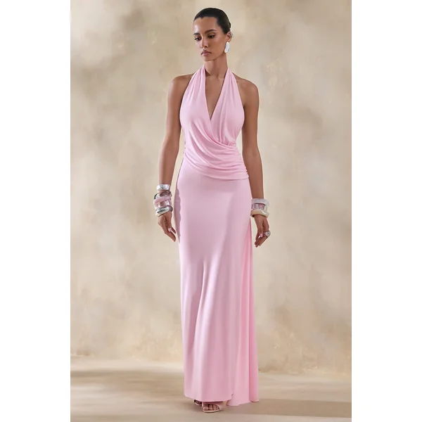 Rosina | Robe longue rose drapée à encolure dos-nu avec ceinture