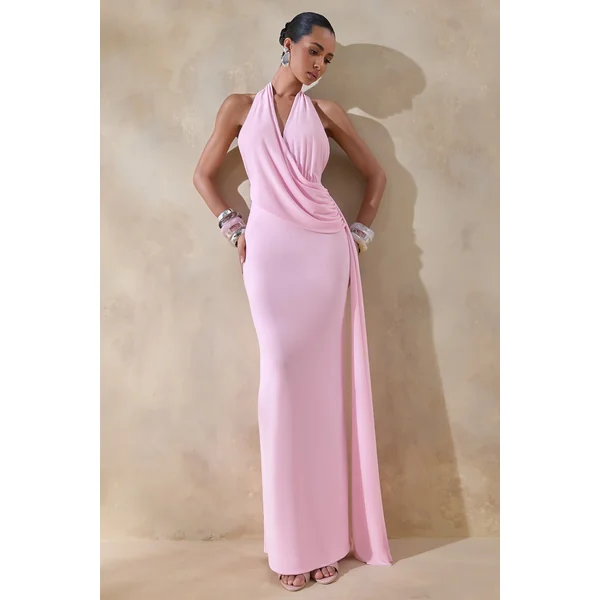 Rosina | Robe longue rose drapée à encolure dos-nu avec ceinture