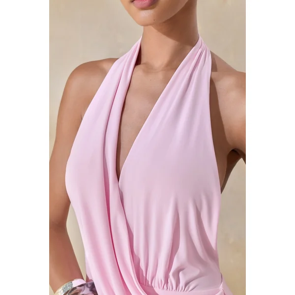 Rosina | Robe longue rose drapée à encolure dos-nu avec ceinture