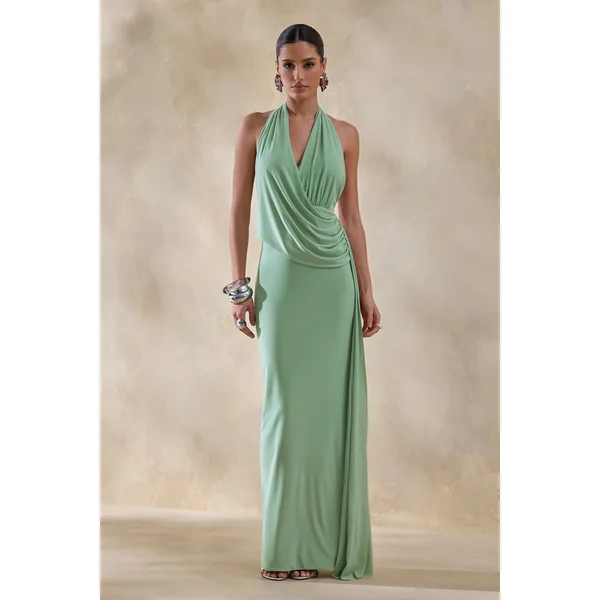 Rosina | Robe longue sauge drapée à encolure dos-nu avec ceinture