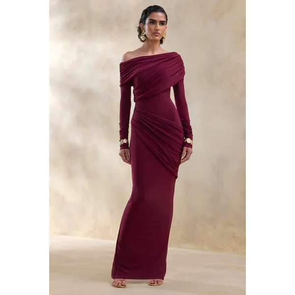Rosirene | Robe longue bordeaux à encolure asymétrique avec détails drapés
