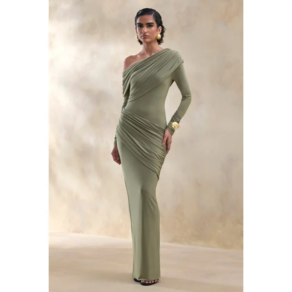 Rosirene | Robe longue olive à décolleté asymétrique avec détails drapés