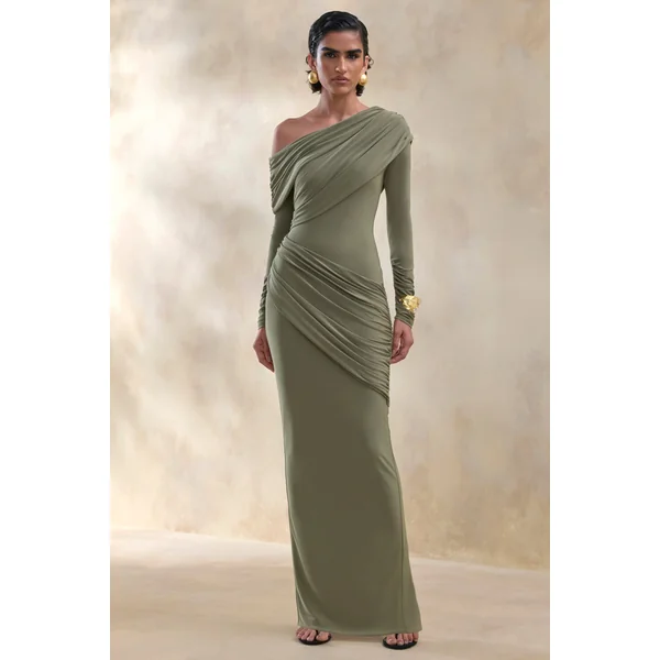 Rosirene | Robe longue olive à décolleté asymétrique avec détails drapés