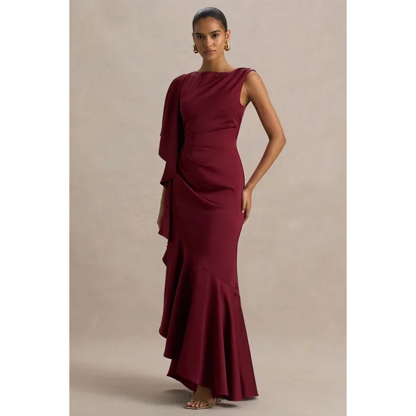 Rosy | Robe longue bordeaux en satin à col montant, fendue sur le devant avec détails froncés