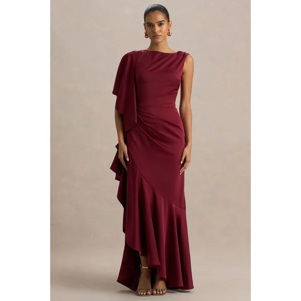 Rosy | Robe longue bordeaux en satin à col montant, fendue sur le devant avec détails froncés