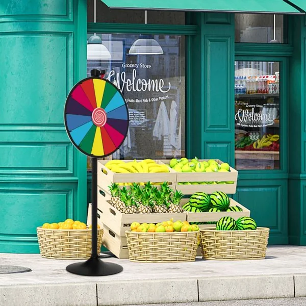 Roue de la Fortune 60 CM sur Pied Solide avec 14 Slots Hauteur Réglable 80/148CM Stylo Effaçable et Effaceur Inclus