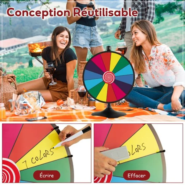 Roue de la Fortune 60 CM sur Pied Solide avec 14 Slots Hauteur Réglable 80/148CM Stylo Effaçable et Effaceur Inclus