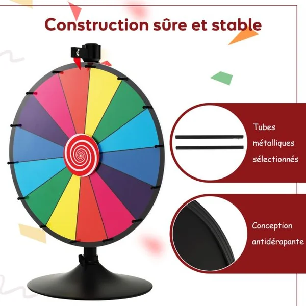 Roue de la Fortune 60 CM sur Pied Solide avec 14 Slots Hauteur Réglable 80/148CM Stylo Effaçable et Effaceur Inclus