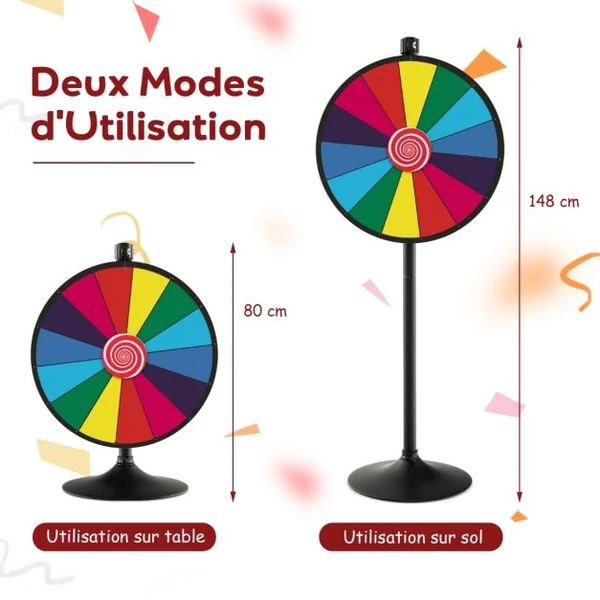 Roue de la Fortune 60 CM sur Pied Solide avec 14 Slots Hauteur Réglable 80/148CM Stylo Effaçable et Effaceur Inclus