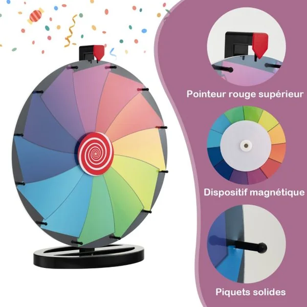 Roue de la Fortune 60cm sur Pied avec 12 Slots Jeu de Fortune avec Boîte de Rangement Marqueur Effaçable et Effaceur
