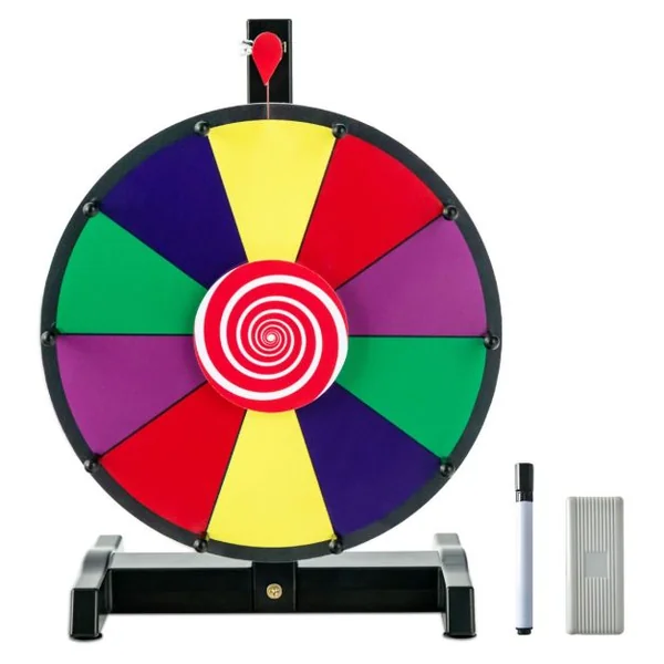 Roue de la Fortune Dia.30 cm - 10 Emplacements Prize Wheel avec Marqueur Effaceur Base Antidérapante