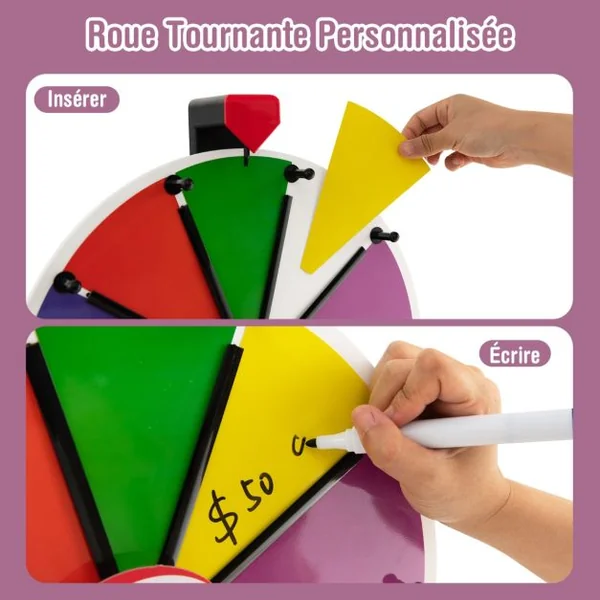 Roue de la Fortune Murale 38 CM avec 10 Emplacements Marqueur et Effaceur Inclus Base avec Ventouses de Fixation