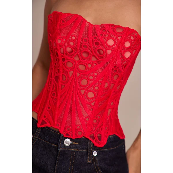 Rouge Corset En Dentelle Florale Transparente Texturée Petite Taille