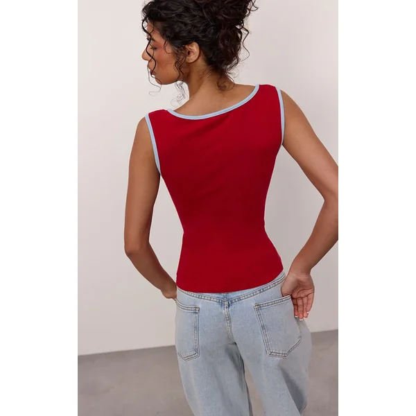Rouge Débardeur Extensible Doux À Détails Contrastés