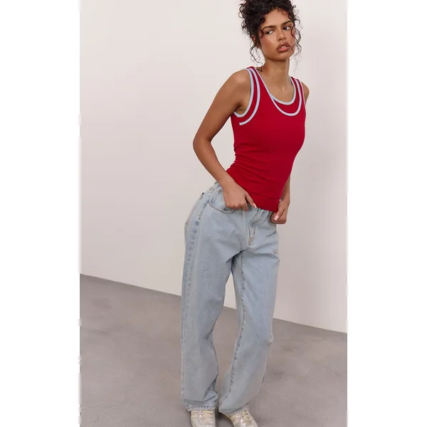Rouge Débardeur Extensible Doux À Détails Contrastés