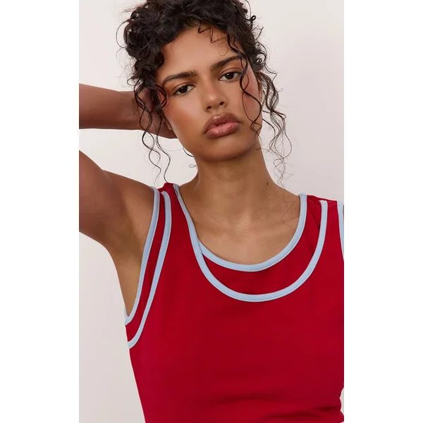 Rouge Débardeur Extensible Doux À Détails Contrastés