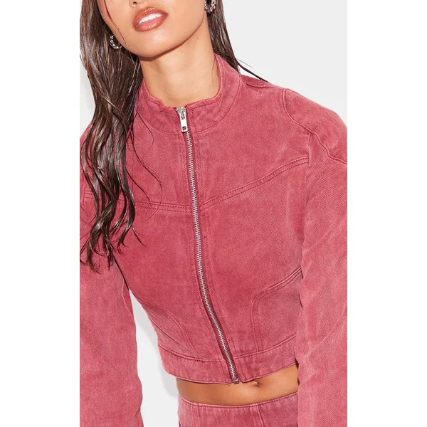 Rouge Délavé Veste En Jean Courte Col Montant