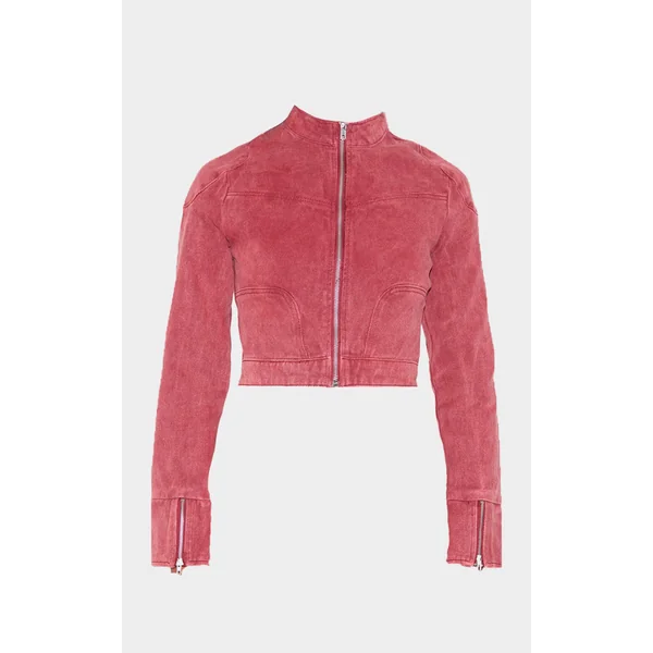 Rouge Délavé Veste En Jean Courte Col Montant