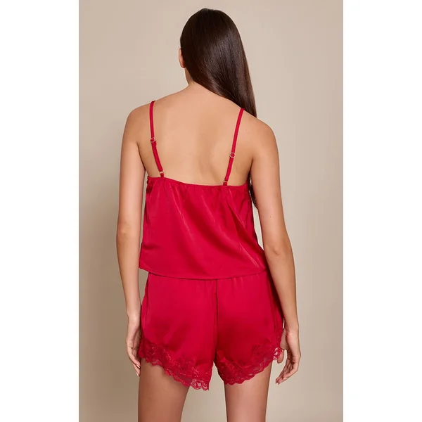 Rouge Ensemble Pyjama Caraco Et Short En Satin Avec Détails En Dentelle