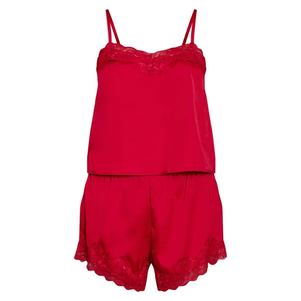 Rouge Ensemble Pyjama Caraco Et Short En Satin Avec Détails En Dentelle