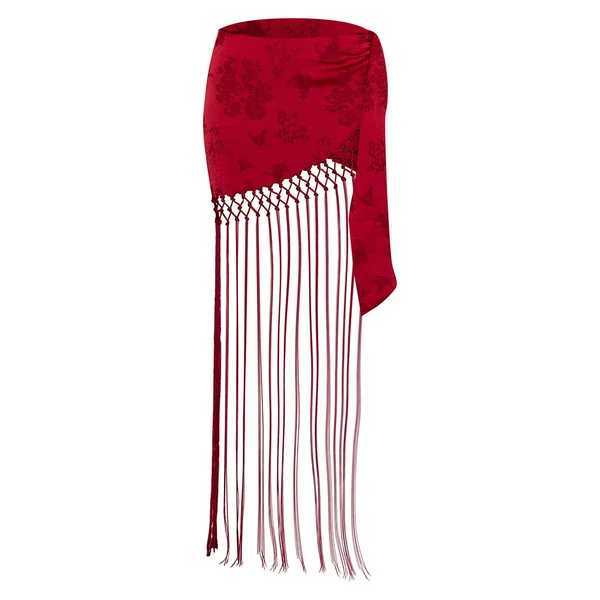 Rouge Mini-jupe Satinée À Franges Et Motif Floral