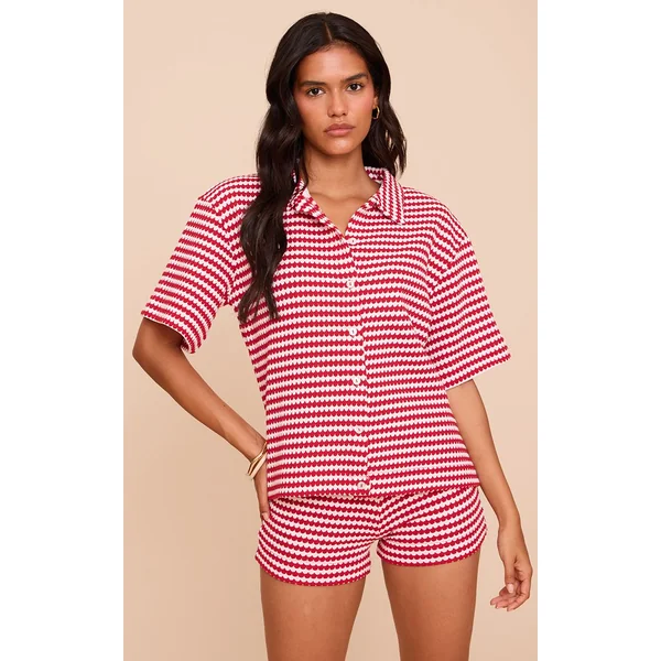 Rouge Rayé Ensemble Coordonné Chemise Texturée