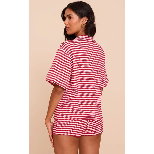 Rouge Rayé Ensemble Coordonné Chemise Texturée