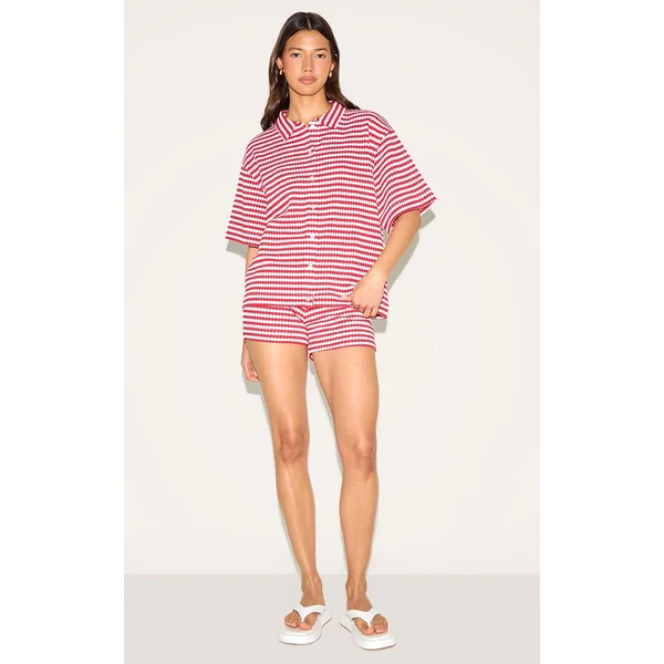 Rouge Rayé Ensemble Coordonné Chemise Texturée