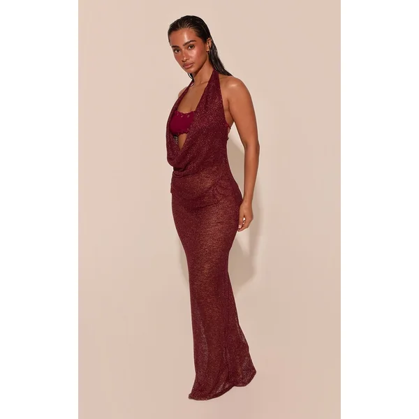 Rouge Robe De Plage Longue À Encolure Drapée En Voile Pailleté