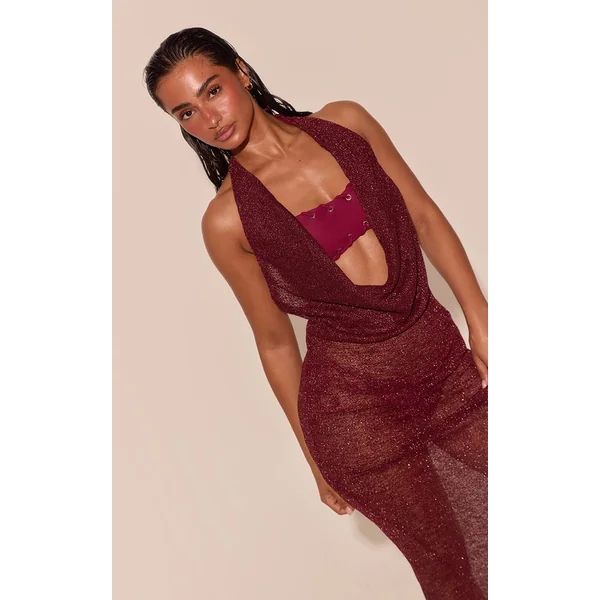 Rouge Robe De Plage Longue À Encolure Drapée En Voile Pailleté