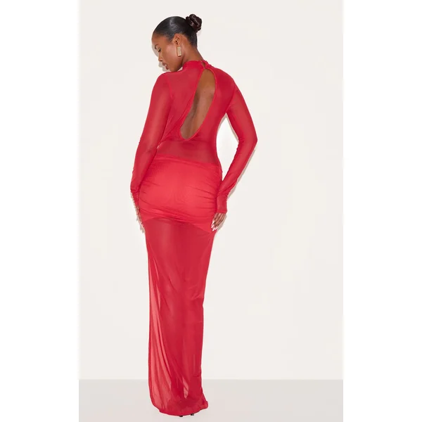 Rouge Robe Longue En Mesh Avec Détail Croisé Au Buste Et Jupe Froncée