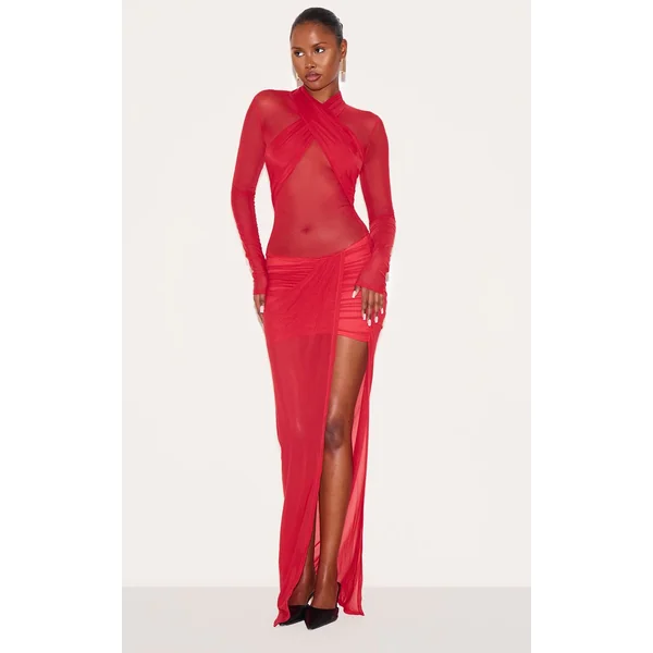 Rouge Robe Longue En Mesh Avec Détail Croisé Au Buste Et Jupe Froncée