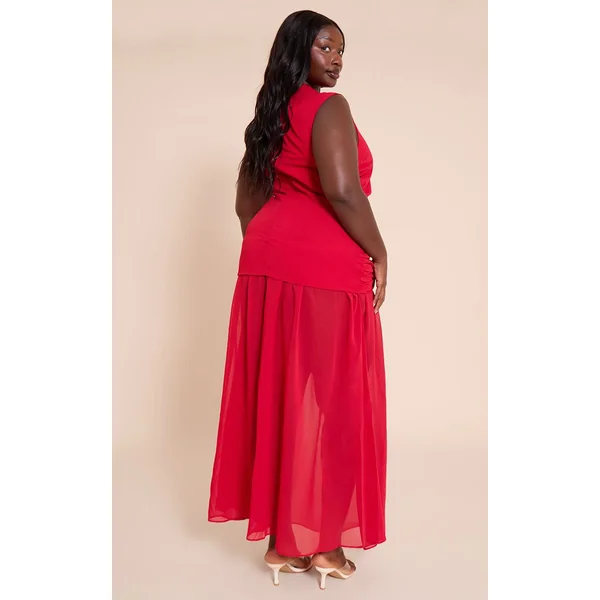 Rouge Robe Longue Grande Taille En Mousseline Chocolat Froncée Sans Manches Taille Basse