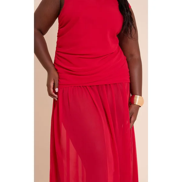 Rouge Robe Longue Grande Taille En Mousseline Chocolat Froncée Sans Manches Taille Basse