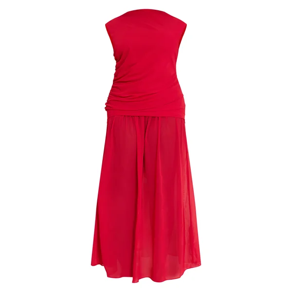 Rouge Robe Longue Grande Taille En Mousseline Chocolat Froncée Sans Manches Taille Basse