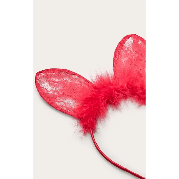 Rouge Serre-tête Oreilles De Chat En Dentelle Avec Plumes