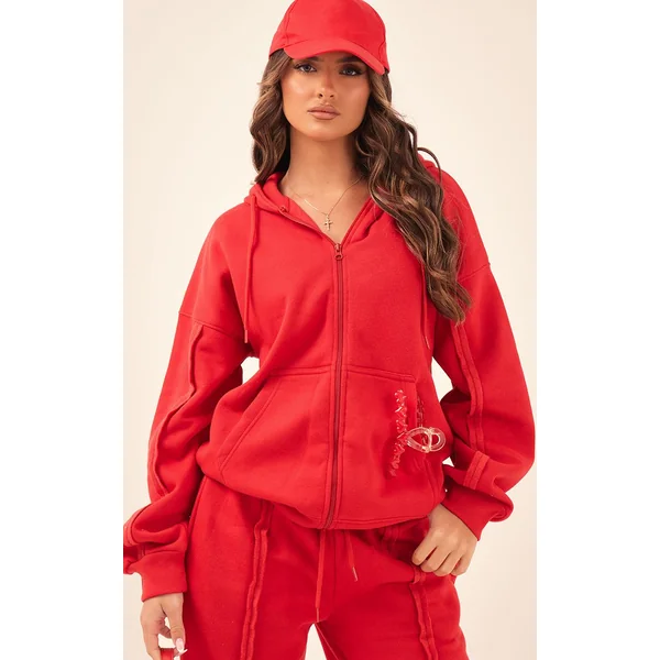 Rouge Sweat À Casynthétiqueche Oversize Zippé Avec Détails De Coutures