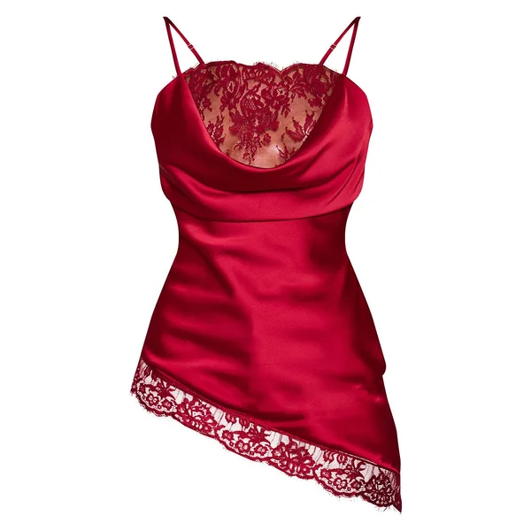 Rouge Top Asymétrique En Satin À Col Bénitier Et Bordure En Dentelle Profonde