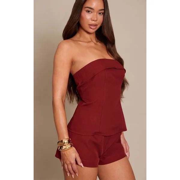 Rouge Vin Combinaison-short Longue Ajustée À Bandeau En Tissu Tissé