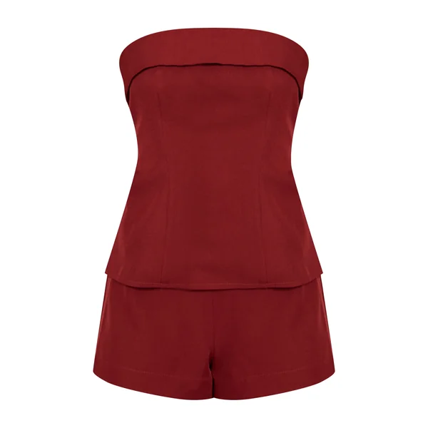 Rouge Vin Combinaison-short Longue Ajustée À Bandeau En Tissu Tissé