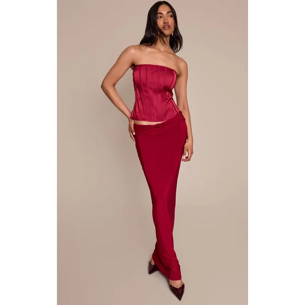Rouge Vin Corset Bustier Satiné À Baleines