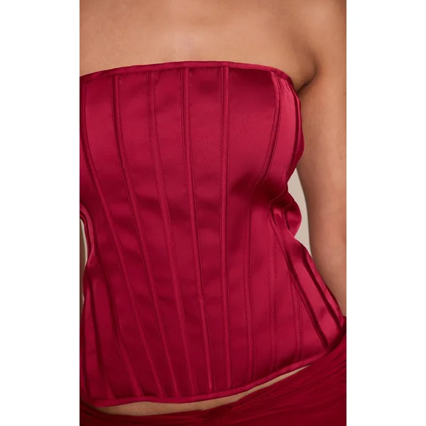 Rouge Vin Corset Bustier Satiné À Baleines