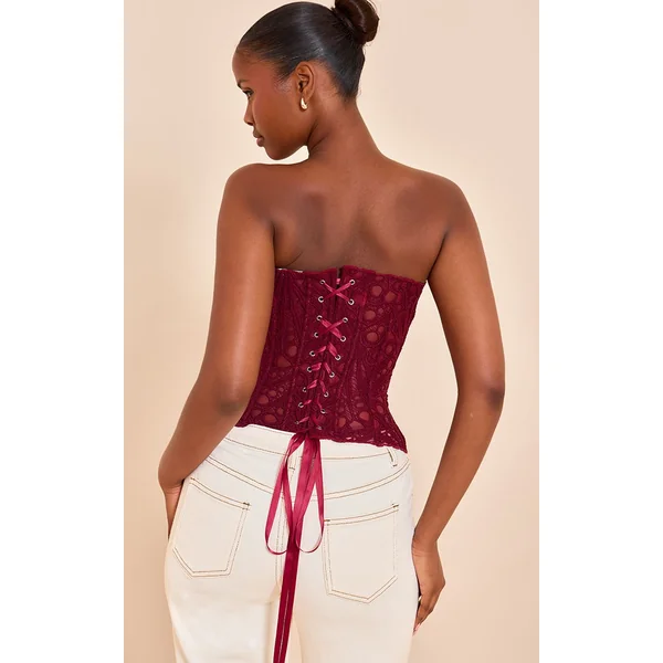 Rouge Vin Corset En Dentelle Florale Transparente Texturée