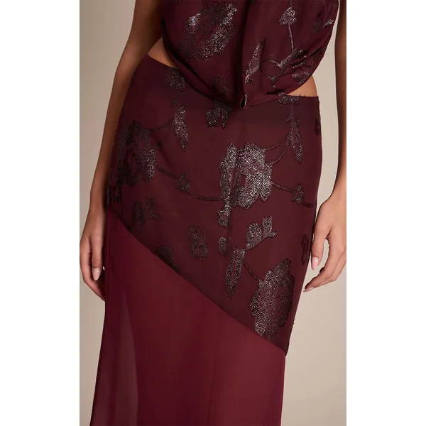 Rouge Vin Ensemble Maxi Taille Basse En Mousseline À Paillettes Florales