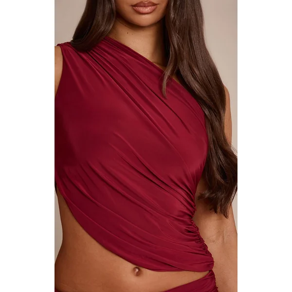 Rouge Vin Foncé Haut Asymétrique Froncé En Tissu Slinky