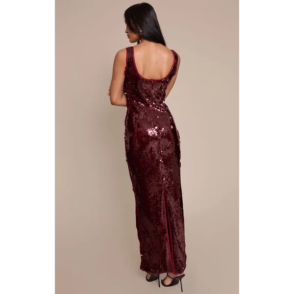 Rouge Vin Robe Longue Moulante À Encolure Arrondie Et Sequins Sans Manches