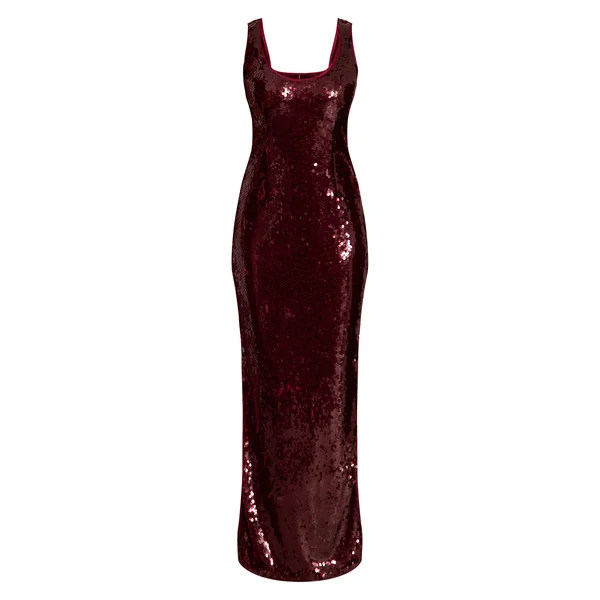 Rouge Vin Robe Longue Moulante À Encolure Arrondie Et Sequins Sans Manches