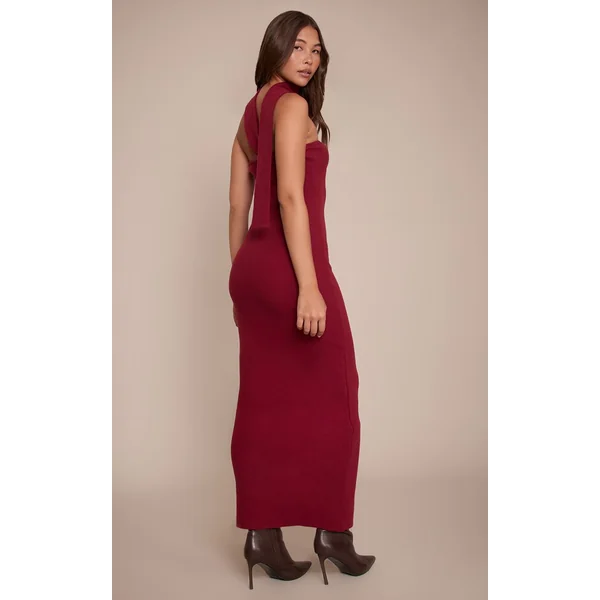 Rouge Vin Robe Maxi Bandeau Côtelée Brossée Avec Détail Foulard